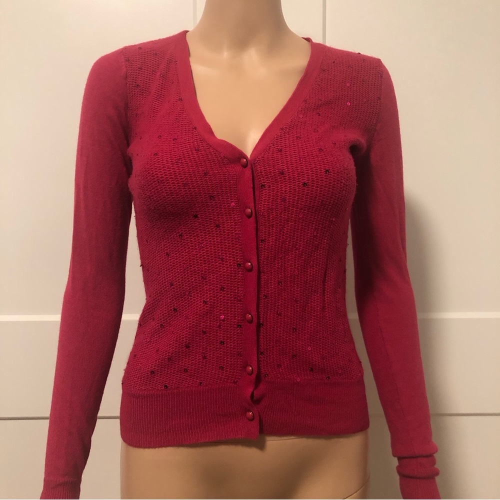 New York Company Magenta Pink Sequins Button Long Sleeves Cardigan XS